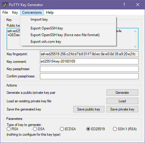 Конвертирование ключей с помощью puttygen