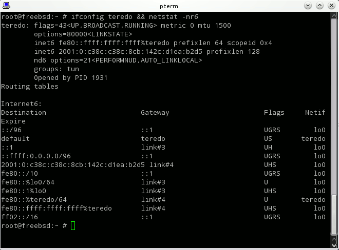 Информация о teredo-интерфейсе и таблице маршрутизации на FreeBSD