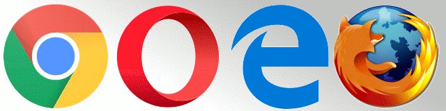 Логотипы браузеров Google Chrome, Opera, Microsoft Edge и Mozilla Firefox