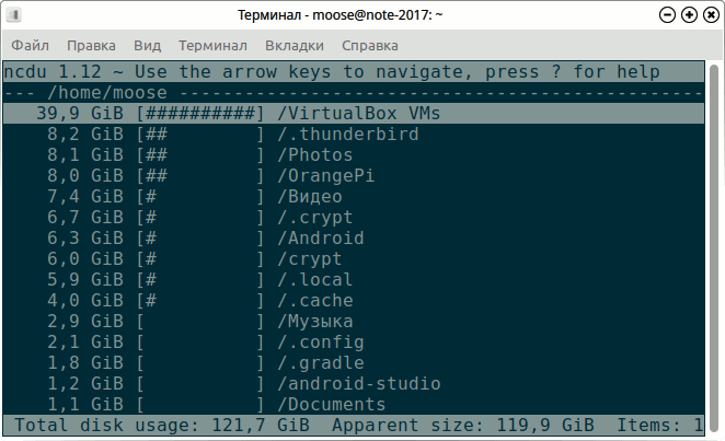 Главное окно приложения NCurses Disk Usage (ncdu)