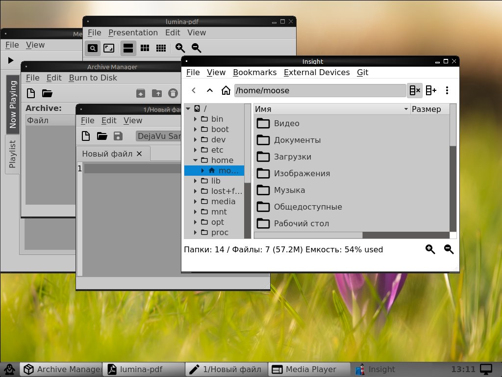 Рабочий стол Lumina Desktop с запущенным архиватором, редактором, файловым менеджером, плеером и просмотрщиком PDF