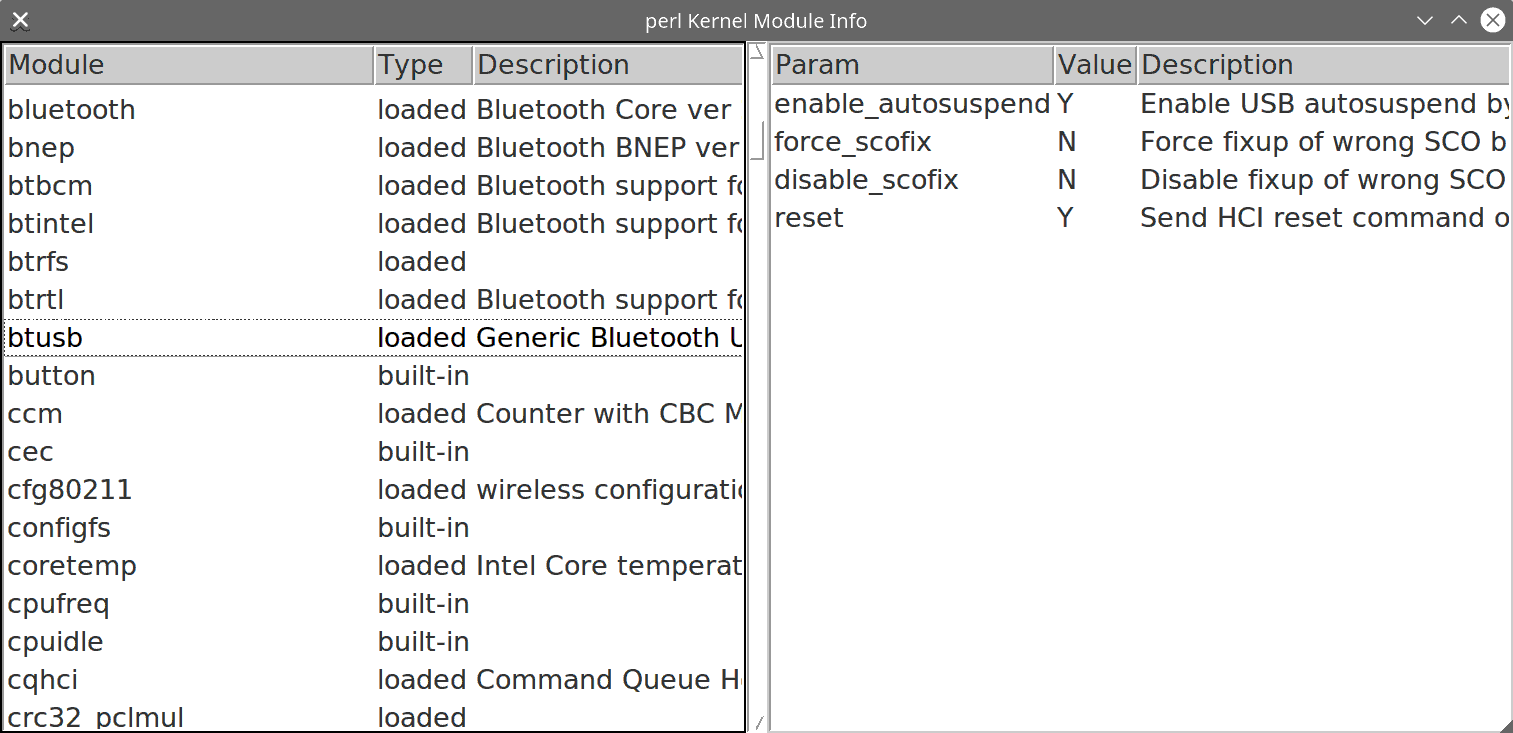 Список модулей и их параметров в окне perl Kernel Module Info