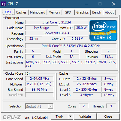 Скриншот утилиты CPU-Z на ноутбуке после апгрейда