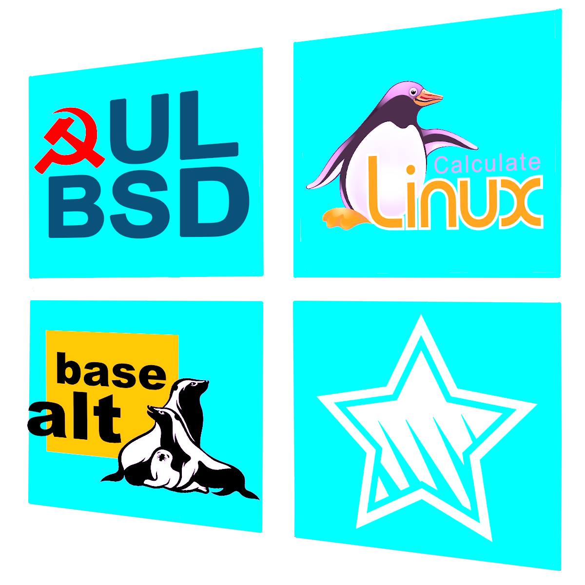 Логотипы Ульяновск BSD, Calculate Linux, ALT Linux, Astra Linux